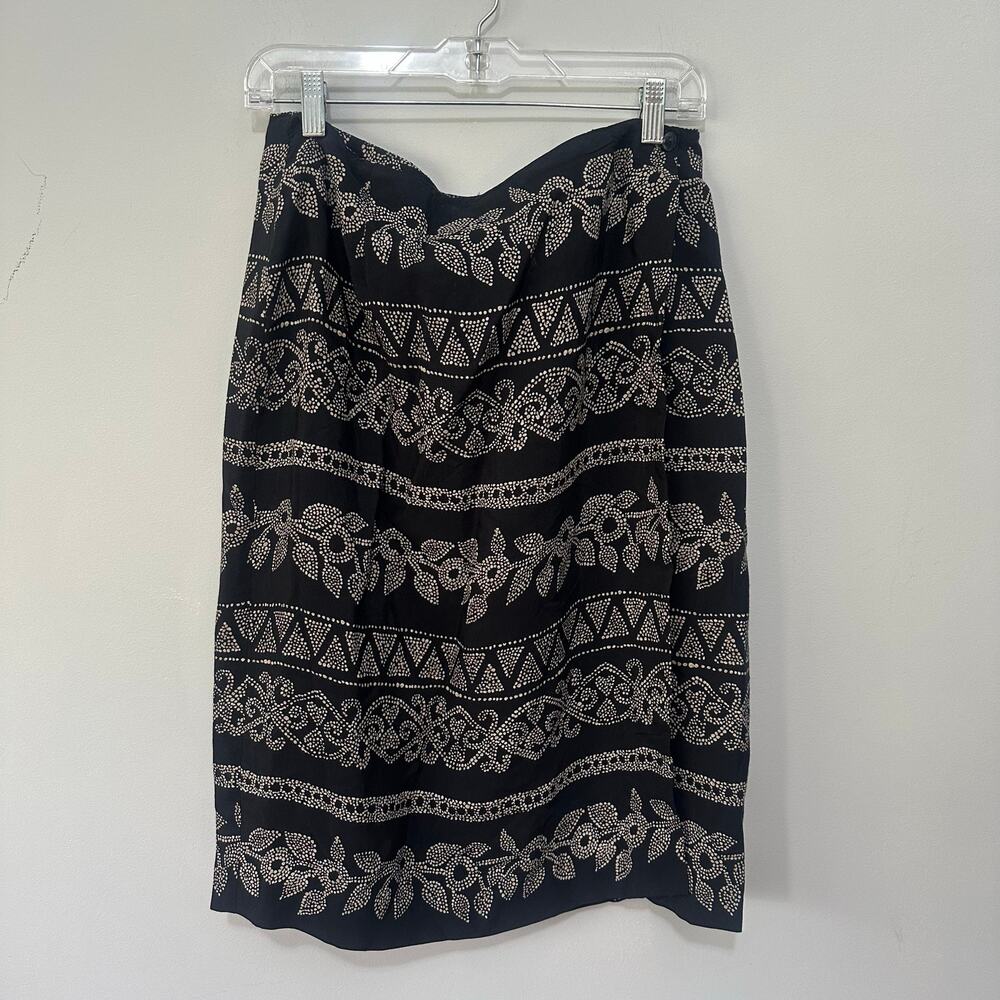 Vintage L Amadei Skirt 12 Black Beige Print True Wrap Midi Retro 90s Boho Chic